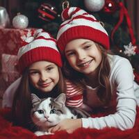 twee meisjes in rood en wit gestreept hoeden en een wit kat in voorkant van een versierd Kerstmis boom, vakantie themed foto - ai generatief