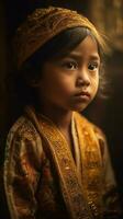 mooi weinig meisje in traditioneel Indisch kleding en een goud tulband, reeks tegen een donker, onscherp achtergrond - ai generatief foto