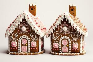 verbijsterend gedetailleerd chocola peperkoek huizen met snoep versieringen geïsoleerd Aan een wit achtergrond foto