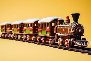 gedetailleerd chocola Kerstmis treinen met snoep accenten geïsoleerd Aan een helling achtergrond foto