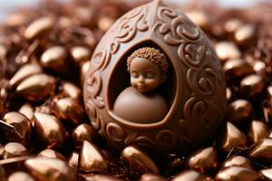 nieuw jaren baby gebeeldhouwd van chocola artistiek detail achtergrond met leeg ruimte voor tekst foto