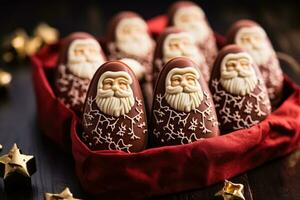 ambachtelijk chocola santas hand- versierd voor Kerstmis achtergrond met leeg ruimte voor tekst foto