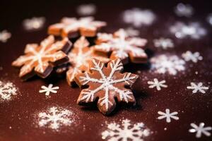 glinsterende handgemaakt chocola sneeuwvlokken geïsoleerd Aan een feestelijk helling achtergrond foto