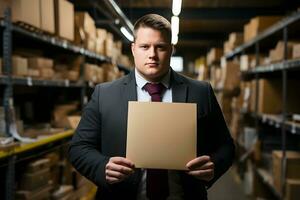 een grote maat bedrijf manager of Directeur in een pak Holding omhoog een blanco papier. ai generatief foto