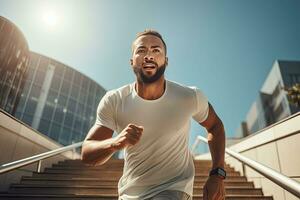 gevoel zelfverzekerd. halve lengte portret van jong Afro-Amerikaans Mens in sport- kleding op zoek weg terwijl staand buitenshuis. generatief ai foto