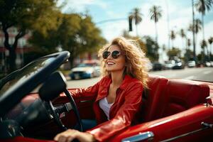 zomer vakantie, vakantie, weg reis en mensen concept - glimlachen jong vrouw het rijden converteerbaar auto. generatief ai foto
