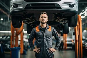 selectief focus van knap auto monteur in uniform repareren auto in auto reparatie winkel. generatief ai foto