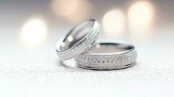 bruiloft ringen Aan een wit achtergrond met sparkles en sterren. generatief ai foto