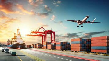 houder lading vracht schip met werken kraan brug in importeren exporteren en logistiek bedrijf en vervoer concept. generatief ai foto