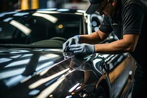 auto detaillering serie, arbeider in beschermend handschoenen polijsten een auto. generatief ai foto