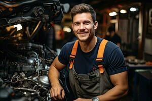 auto monteur werken in auto reparatie winkel. knap jong Mens in uniform werken met auto motor. generatief ai foto