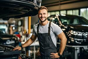 auto monteur werken in auto reparatie winkel. knap jong Mens in uniform werken met auto motor. generatief ai foto