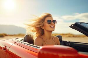 zomer vakantie, vakantie, weg reis en mensen concept - glimlachen jong vrouw het rijden converteerbaar auto. generatief ai foto
