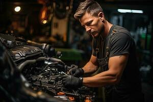 auto monteur werken in auto reparatie winkel. knap jong Mens in uniform werken met auto motor. generatief ai foto