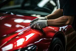 auto detaillering serie, arbeider in beschermend handschoenen polijsten een auto. generatief ai foto