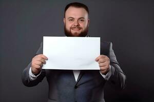 een grote maat bedrijf manager of Directeur in een pak Holding omhoog een blanco papier. ai generatief foto