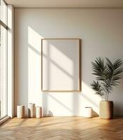 kader mockup in minimalistische versierd interieur achtergrond, 3d veroorzaken. ai generatief foto