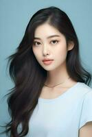 jong Aziatisch schoonheid vrouw model- met lang haar- met Koreaans bedenken Aan een blauw achtergrond. hoog kwaliteit. ai generatief foto