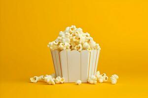 foto van popcorn Aan geel achtergrond minimalisme. hoog kwaliteit. ai generatief