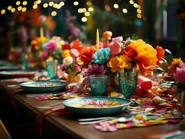helder kleurrijk feestelijk tafel. hoge resolutie. ai generatief foto