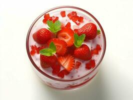 geïsoleerd visie van yoghurt met ijs in een glas met aardbeien. hoge resolutie. ai generatief foto