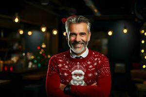 gelukkig zakenman Aan een rood achtergrond in lelijk Kerstmis trui. hoge resolutie. ai generatief foto
