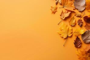 herfst bladeren Aan oranje achtergrond met kopiëren ruimte. ai gegenereerd foto