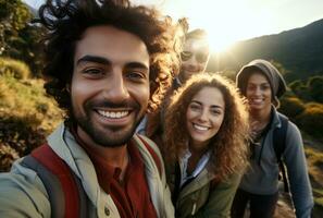 groep van vrienden nemen selfie Aan spoor traditioneel kunsten. ai gegenereerd foto