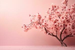 bloeiende sakura boom Aan roze achtergrond met kopiëren ruimte. ai gegenereerd foto