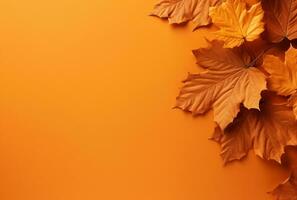 herfst bladeren Aan oranje achtergrond met kopiëren ruimte. ai gegenereerd foto