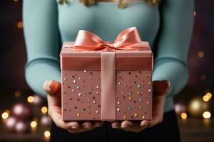 vrouw handen Holding een geschenk doos met een roze boog Aan een donker achtergrond. vrouw Holding geschenk doos Aan houten achtergrond, detailopname. viering concept. ai gegenereerd foto