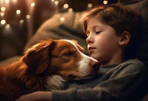 een schattig weinig jongen met zijn hond Bij huis ai gegenereerd foto