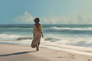 vrouw wandelen Aan de strand achterzijde visie. fotorealistisch afbeelding. ai gegenereerd. foto