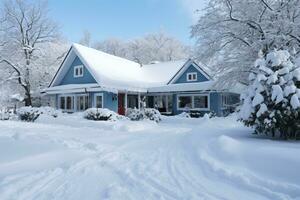 buiten de huis gedekt in mooi sneeuw, ai gegenereerd foto