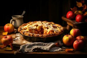 warm appel taart Aan de tafel, ai gegenereerd foto