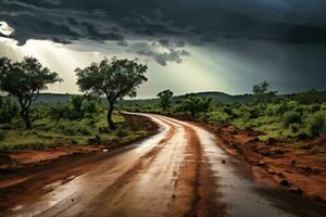 asfalt weg landschap gedurende de regenachtig seizoen, ai generatief foto