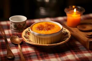 zoet aardappel pudding Aan de tafel, ai gegenereerd foto