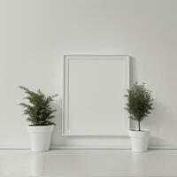 twee ingemaakt planten in voorkant van een blanco afbeelding kader, wit canvas achtergrond ,wit studio achtergrond, een minimalistische schilderen, wit ambient achtergrond ,wit kader grens. ai generatief foto