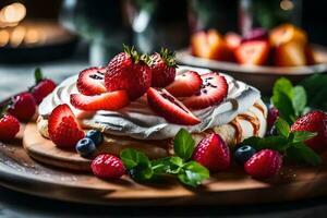 deze tekst is over een heerlijk toetje gebeld pavlova deze tekst legt uit waarom pavlova is smakelijk en belangrijk Daar is een mooi hoor restaurant in de terug van deze plaats ai gegenereerd foto