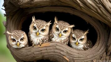 nieuwsgierig twee baby uilen binnen boom gat nest gluren uit van de gat. ai gegenereerd foto