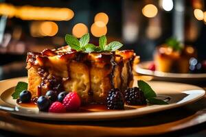 de camera zoomt in in Aan een smakelijk toetje gebeld brood pudding, en Daar is een lief restaurant ver weg ai gegenereerd foto