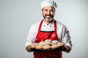 bakker bouwen vakantie gebakjes in nieuw jaren kleding geïsoleerd Aan een wit achtergrond foto