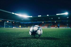 voetbal bal Aan groen gras Bij sport stadion. generatief ai foto