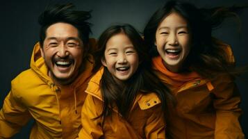 drie leden van een Aziatisch familie, misschien moeder, vader en dochter, zijn lachend hartelijk.. generatief ai foto