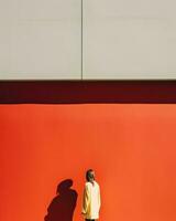 een vrouw in een geel jasje staat sierlijk voordat een levendig rood muur, creëren een minimalistische tafereel.. generatief ai foto