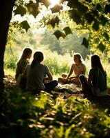 vrienden verzameld onder een torenhoog boom, omarmen van de natuur kalmte in de hart van de bossen.. generatief ai foto