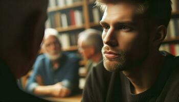 een Mens met eerlijk huid en kort blond haar, diep verdiept in een boek club discussie. de detailopname vangt zijn contemplatief Look. generatief ai foto