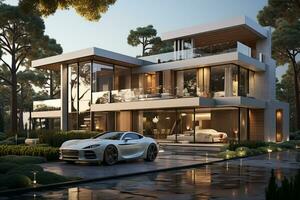 3d renderen van modern knus huis met zwembad en parkeren voor uitverkoop of huur in luxueus stijl. ai generatief foto