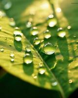 sereen schoonheid gevangen genomen in een single blad, versierd met glinsterende water druppels, een testament naar de ingewikkeld vraagt zich af van de natuurlijk wereld.. generatief ai foto