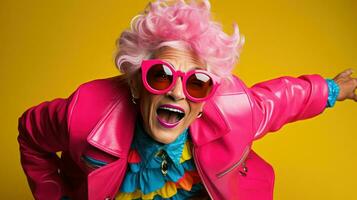 de oud vrouw, poseren in voorkant van een roze achtergrond met haar kleurrijk kleren, uitdagingen oud leeftijd. generatief ai foto